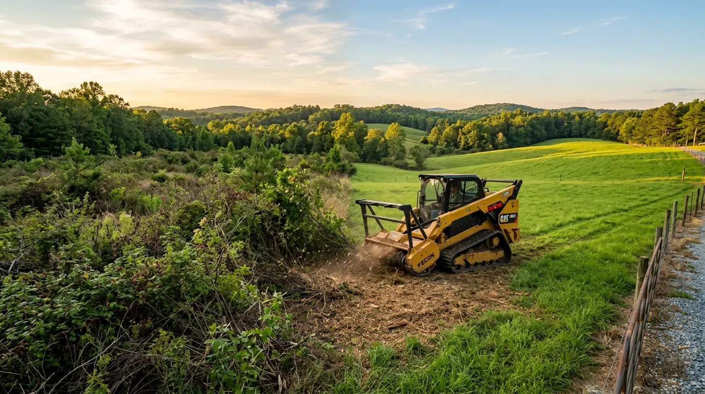 Bulldozer clearing land in scenic countryside